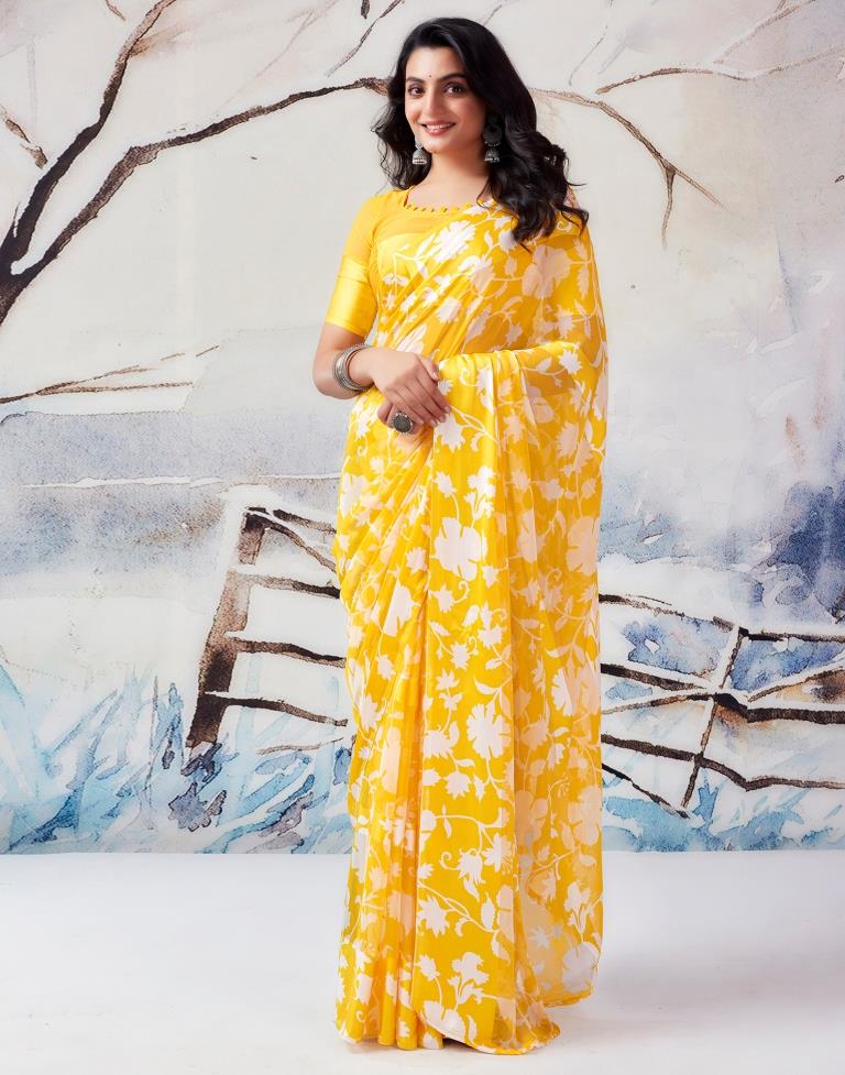 Yellow Georgette Printed  Saree