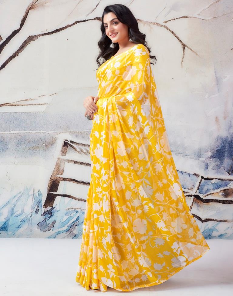 Yellow Georgette Printed  Saree