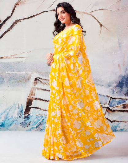 Yellow Georgette Printed  Saree