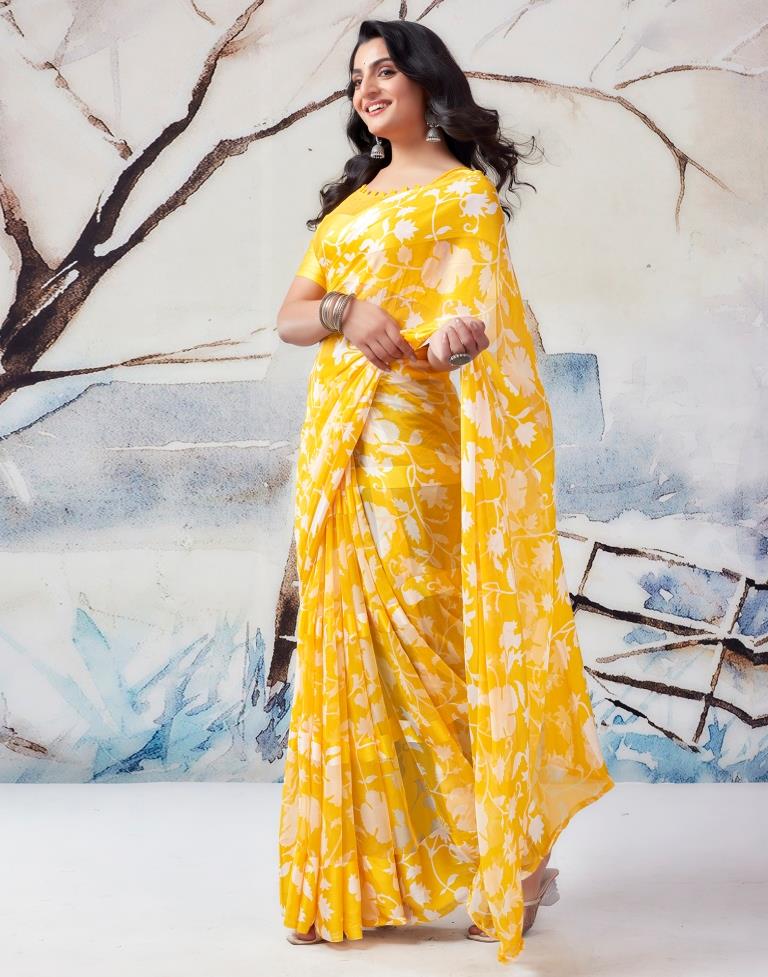 Yellow Georgette Printed  Saree