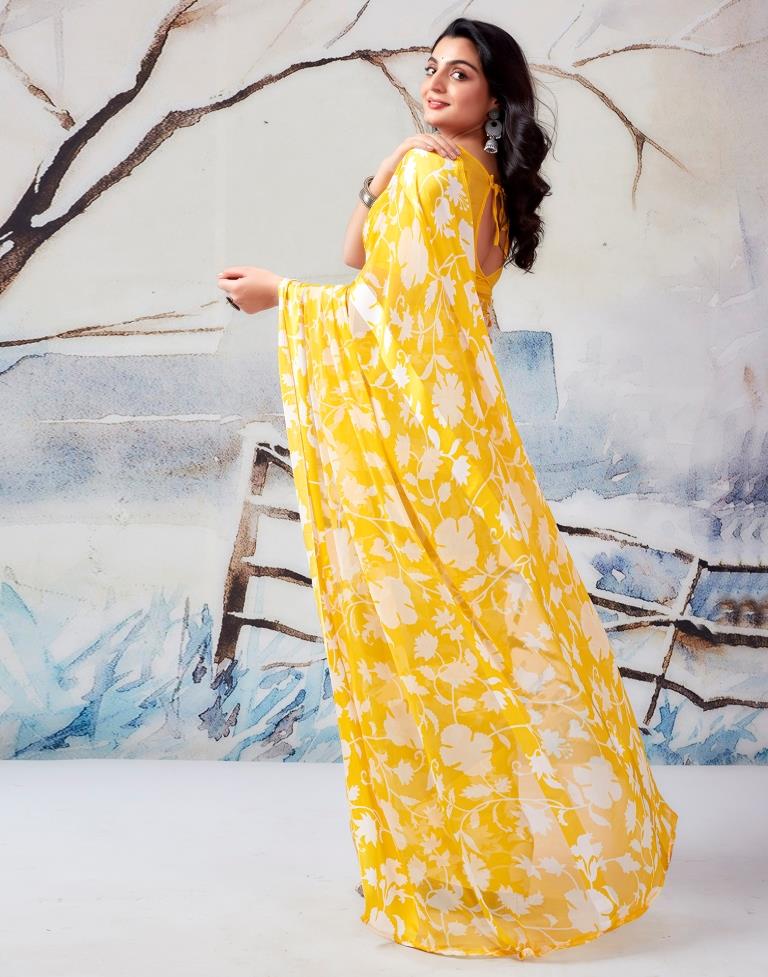 Yellow Georgette Printed  Saree