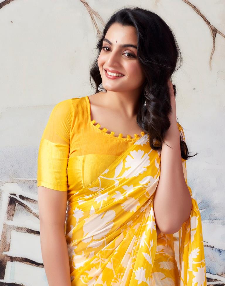 Yellow Georgette Printed  Saree