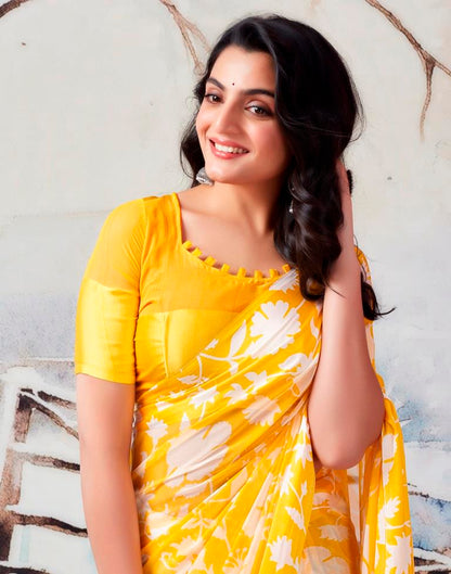 Yellow Georgette Printed  Saree