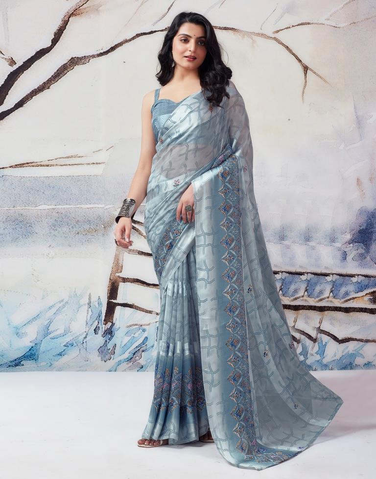 Grey Georgette Printed  Saree