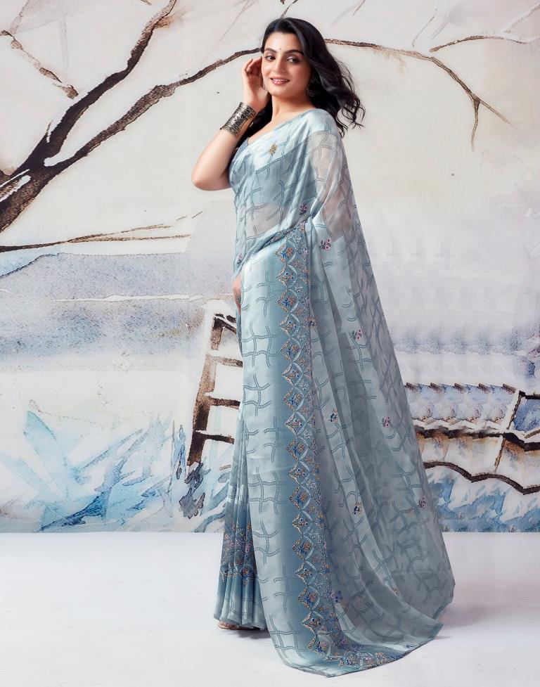 Grey Georgette Printed  Saree