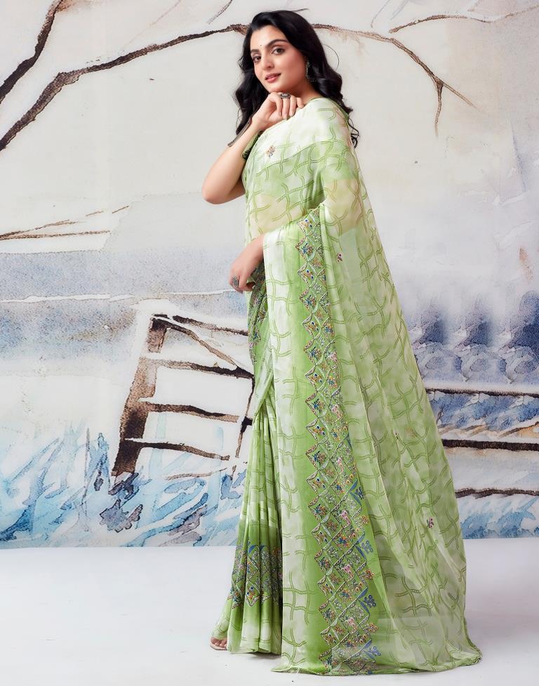 Pista Green Georgette Printed  Saree