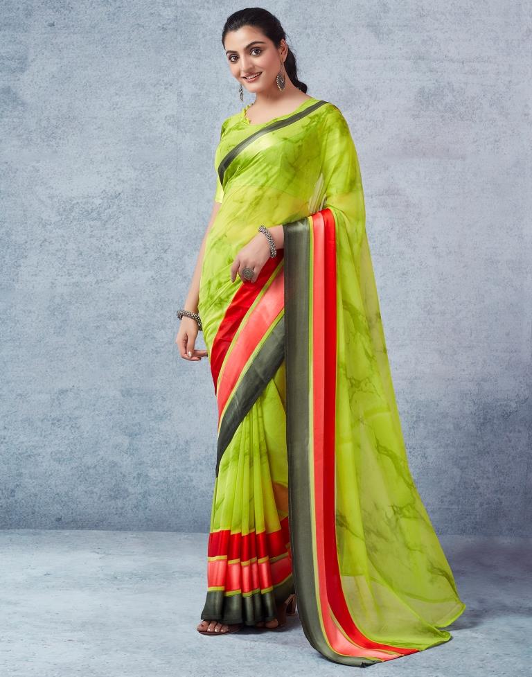 Parrot Green Georgette Printed  Saree