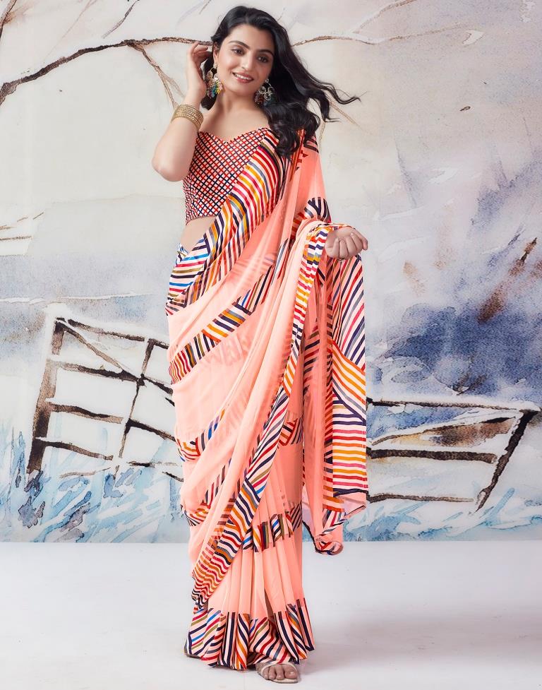 Light Peach Georgette Printed  Saree