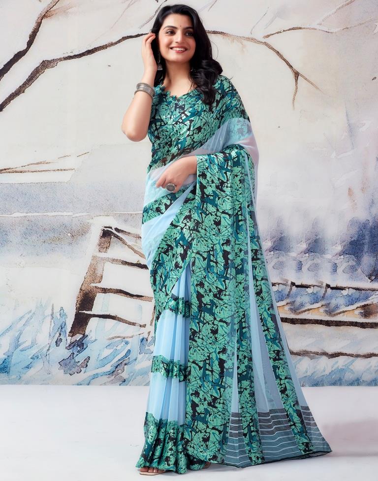 Light Blue Georgette Printed  Saree