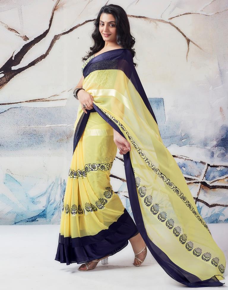 Light Yellow Georgette Printed  Saree