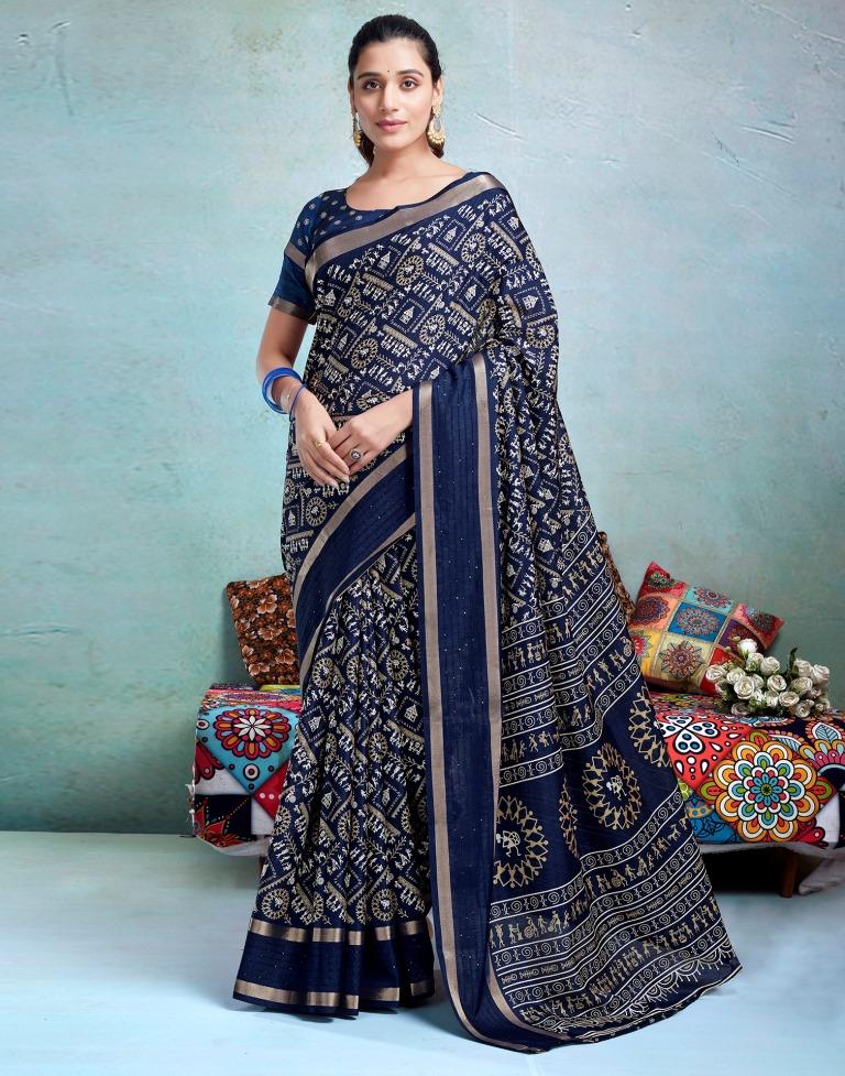 Dark Blue Silk Printed  Saree