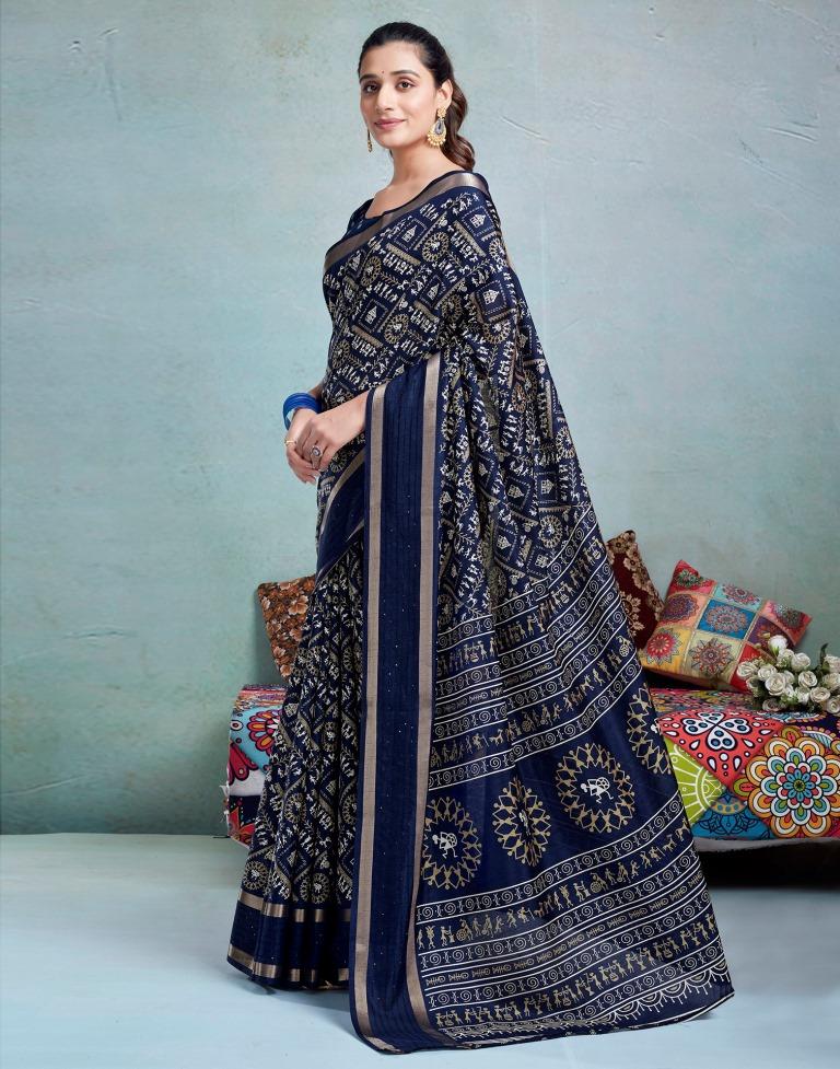 Dark Blue Silk Printed  Saree