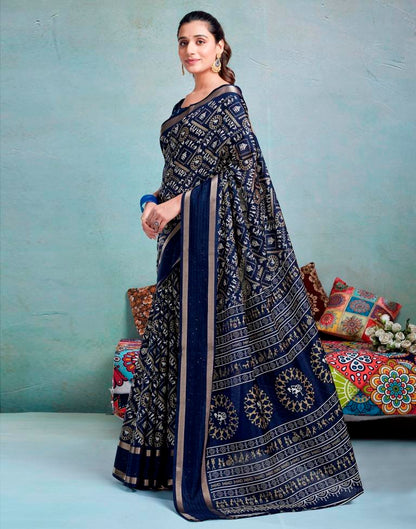 Dark Blue Silk Printed  Saree