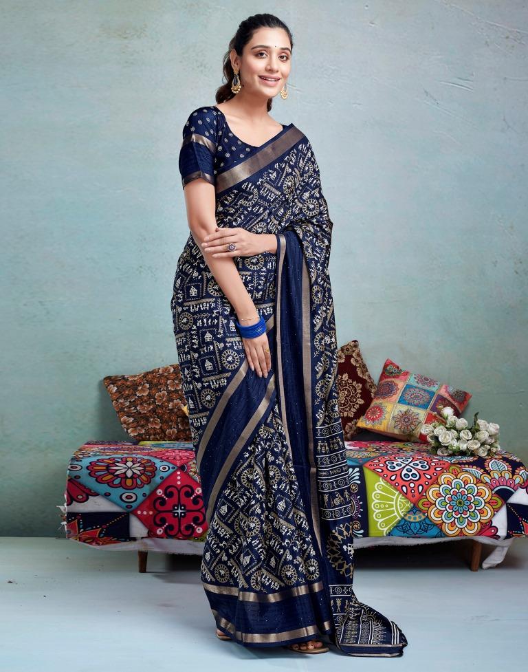 Dark Blue Silk Printed  Saree