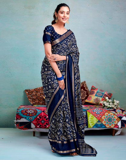 Dark Blue Silk Printed  Saree