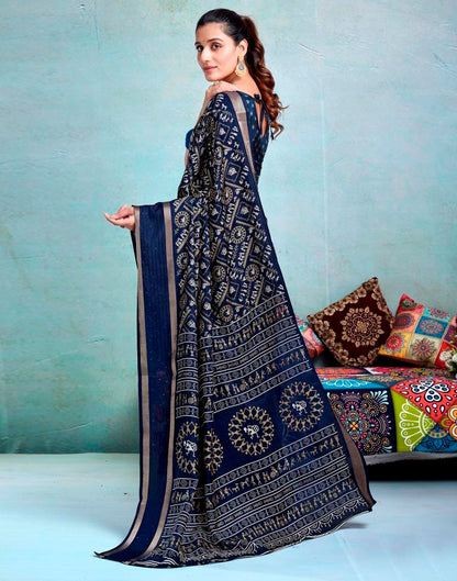 Dark Blue Silk Printed  Saree