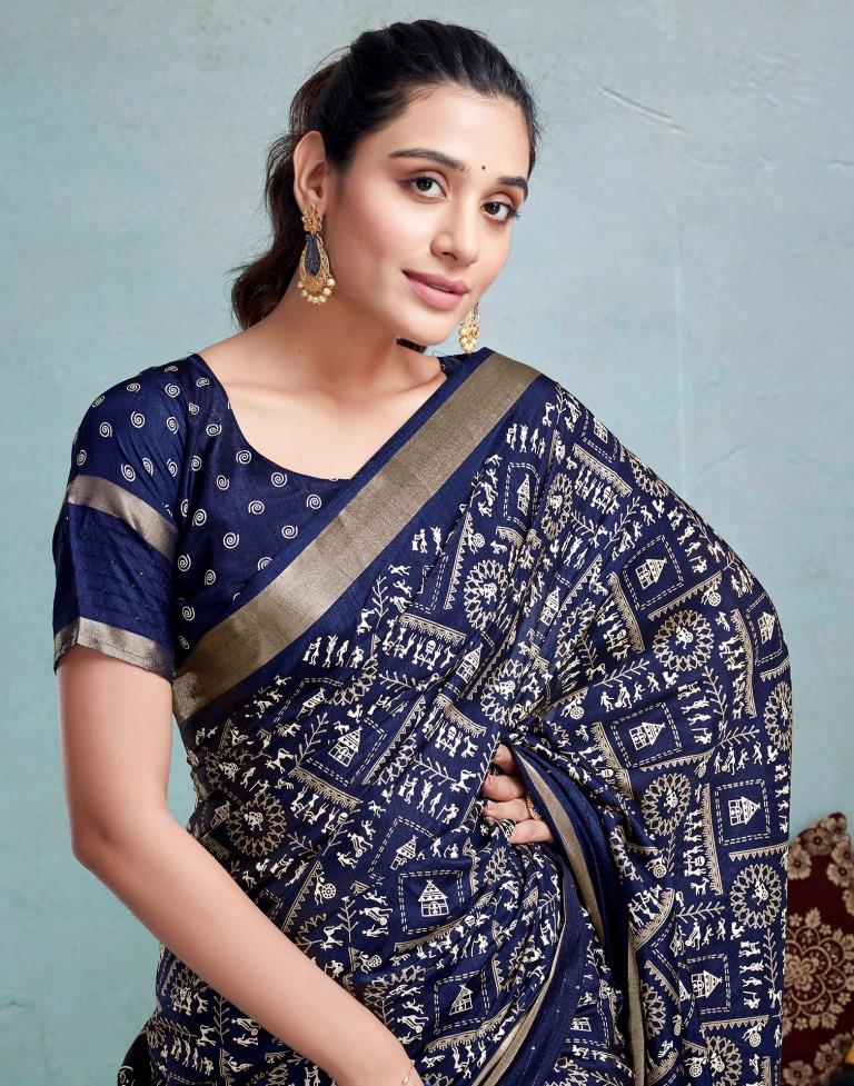 Dark Blue Silk Printed  Saree