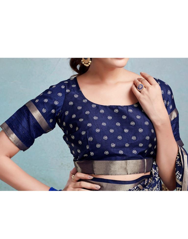 Dark Blue Silk Printed  Saree