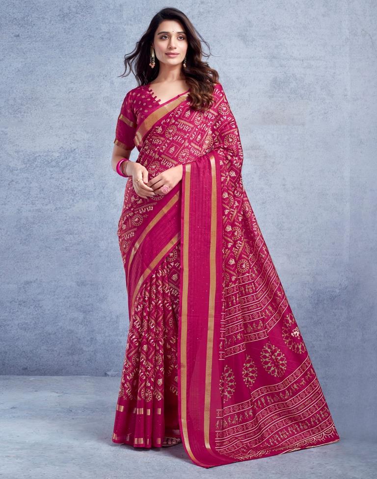 Magenta Silk Printed  Saree