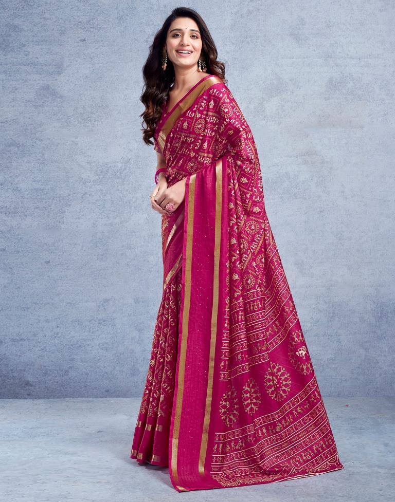 Magenta Silk Printed  Saree