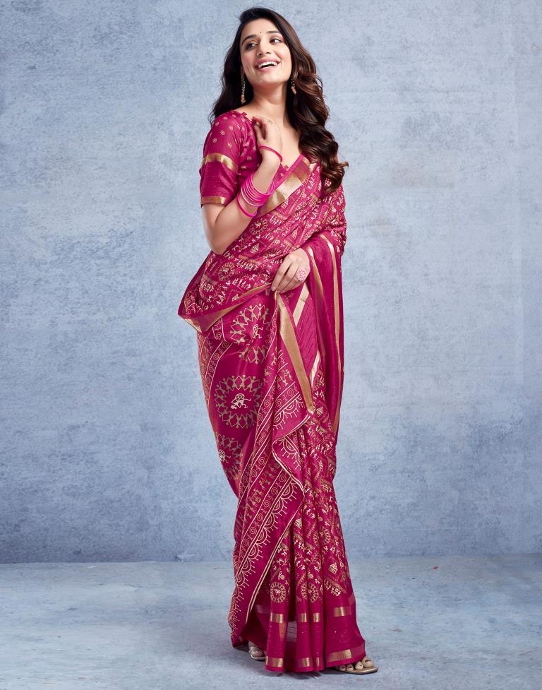 Magenta Silk Printed  Saree