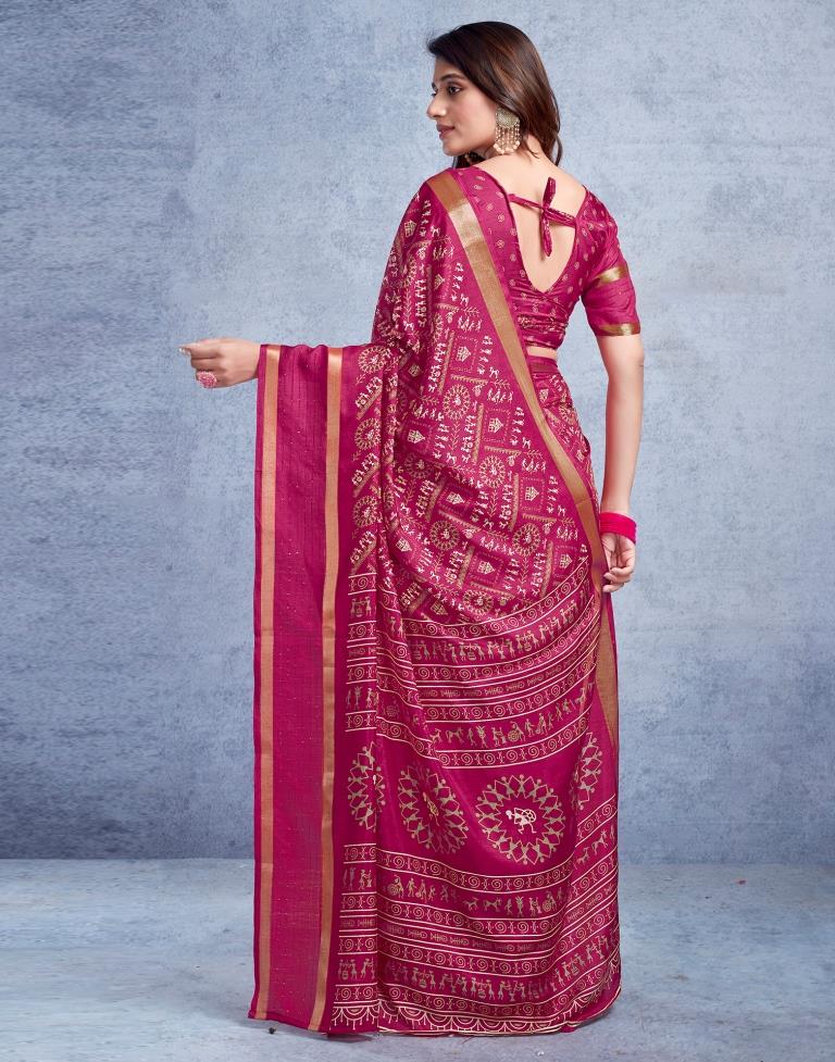 Magenta Silk Printed  Saree