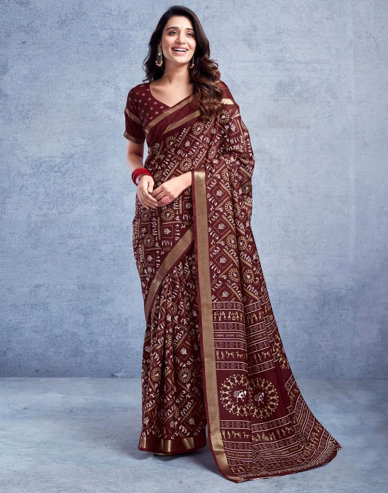 Maroon Silk Printed  Saree