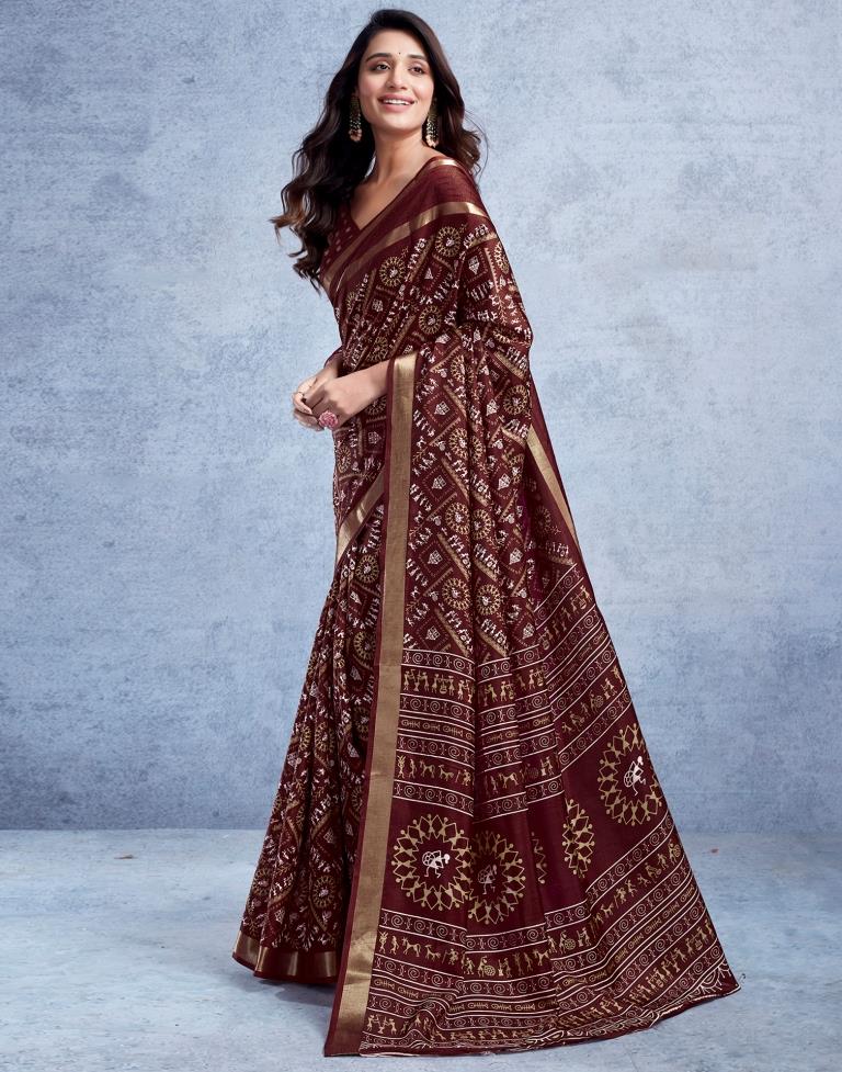 Maroon Silk Printed  Saree