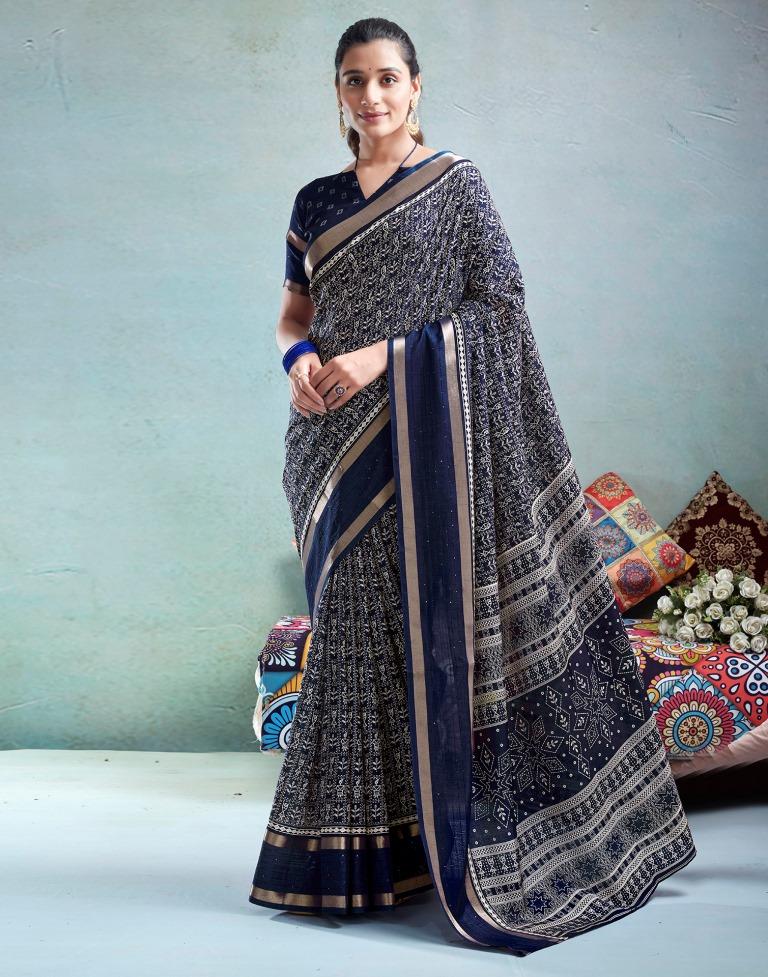 Dark Blue Silk Printed  Saree