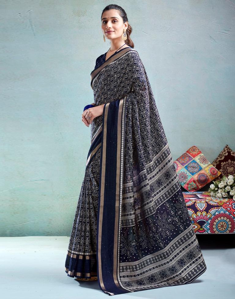 Dark Blue Silk Printed  Saree