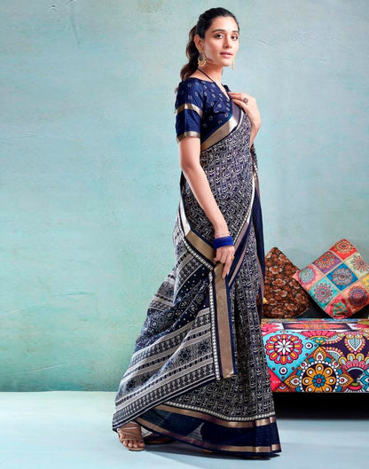 Dark Blue Silk Printed  Saree