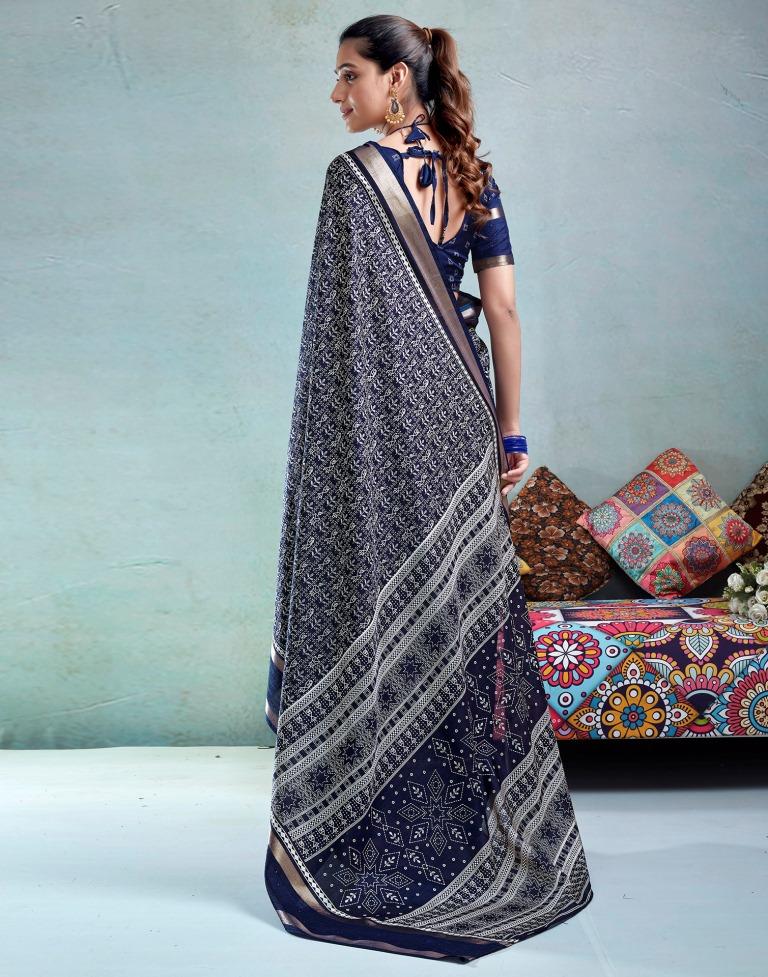 Dark Blue Silk Printed  Saree