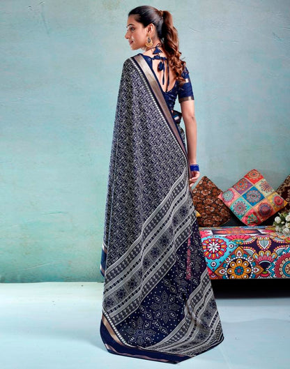 Dark Blue Silk Printed  Saree