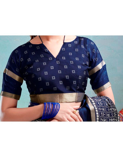 Dark Blue Silk Printed  Saree