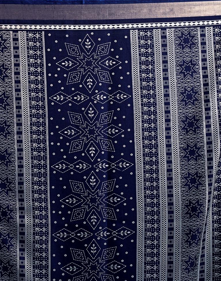 Dark Blue Silk Printed  Saree