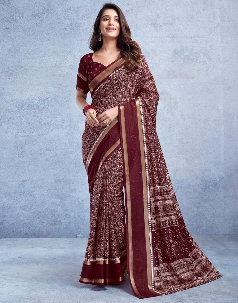 Maroon Silk Printed  Saree