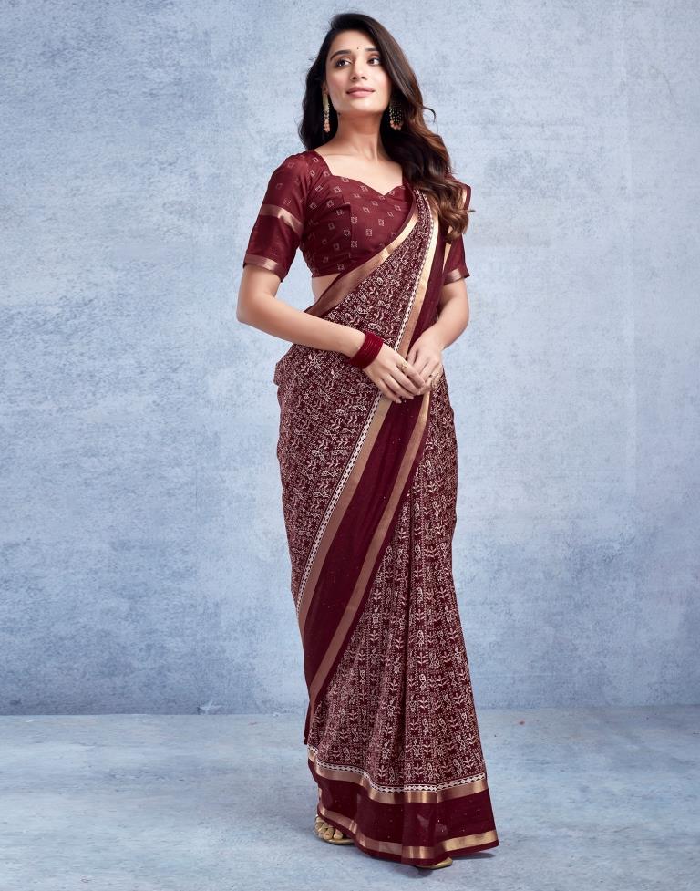 Maroon Silk Printed  Saree