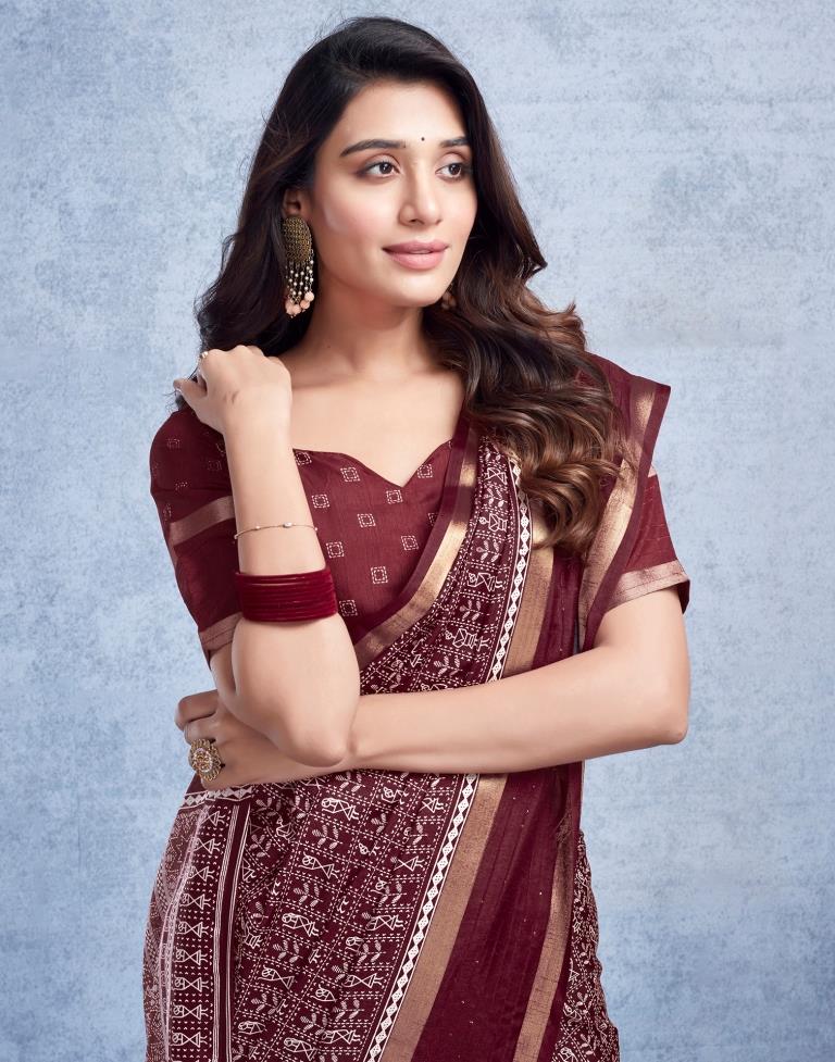 Maroon Silk Printed  Saree