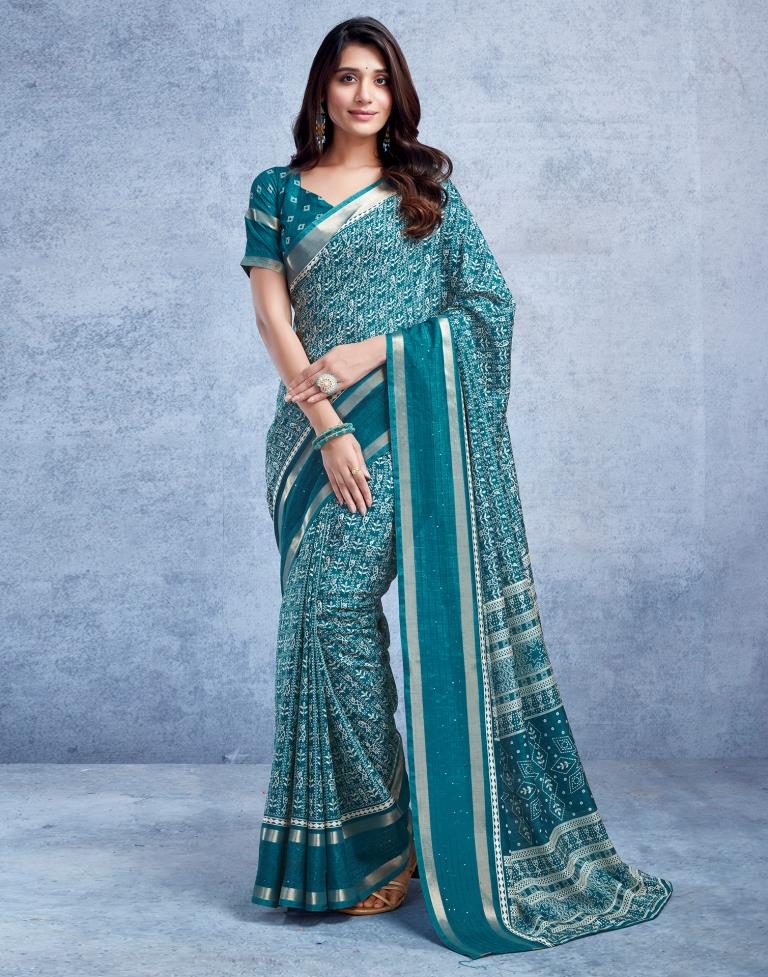 Teal Blue Silk Printed  Saree