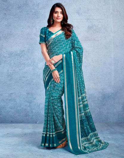 Teal Blue Silk Printed  Saree