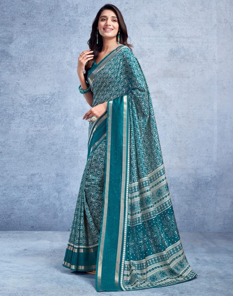 Teal Blue Silk Printed  Saree