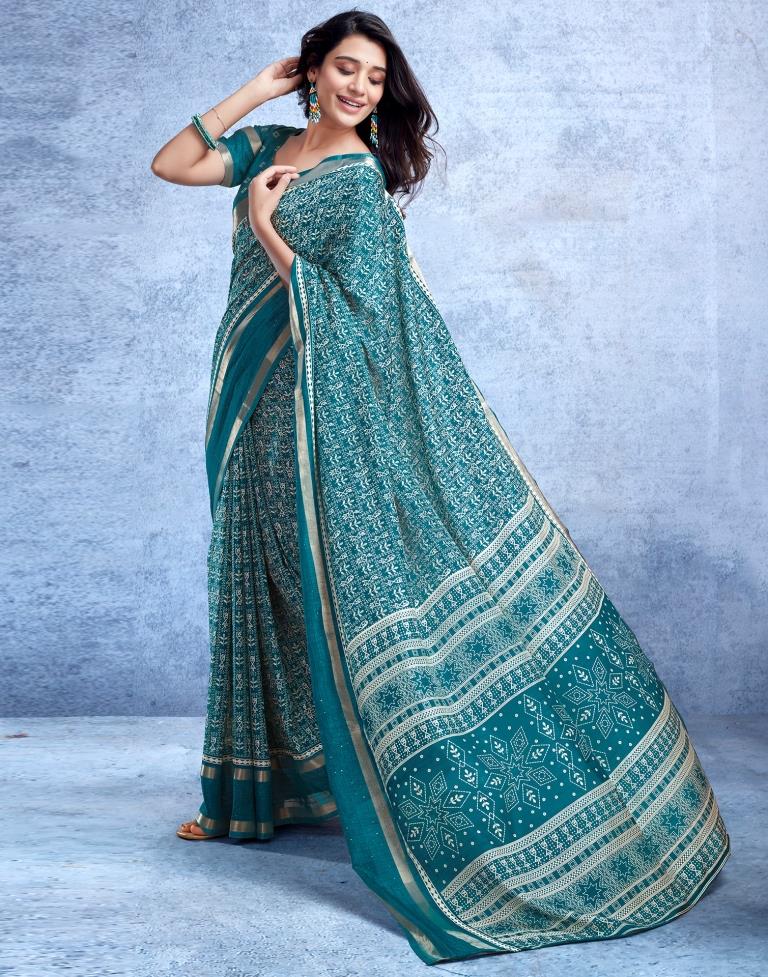 Teal Blue Silk Printed  Saree