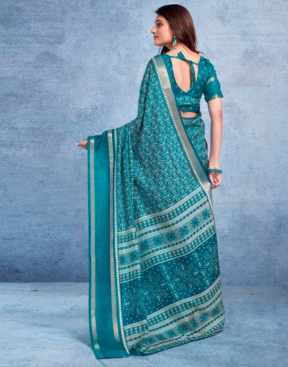 Teal Blue Silk Printed  Saree