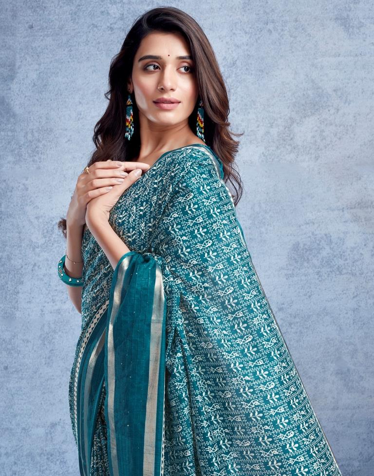 Teal Blue Silk Printed  Saree