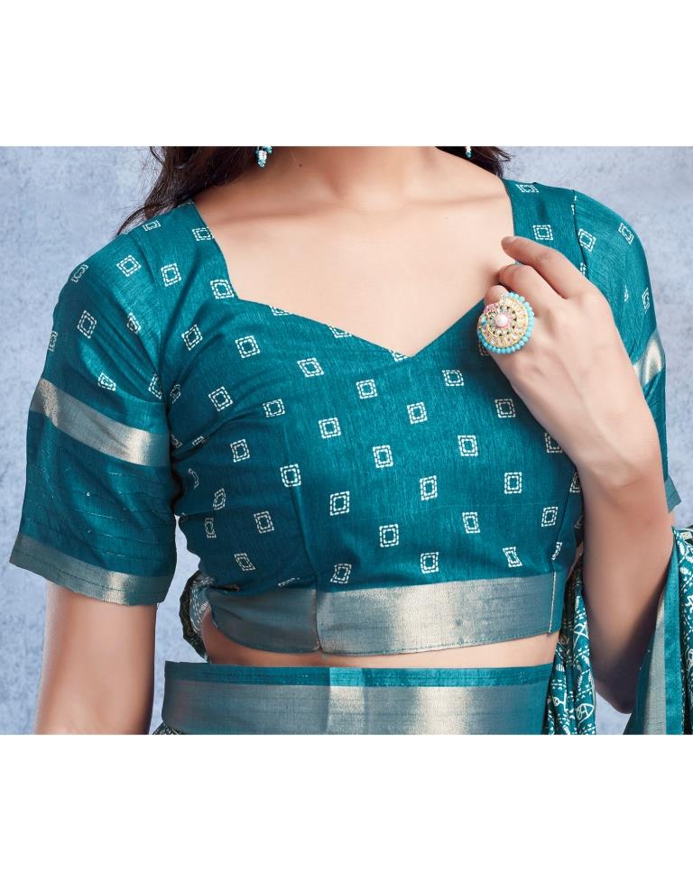 Teal Blue Silk Printed  Saree