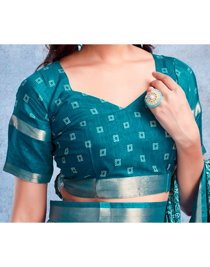 Teal Blue Silk Printed  Saree