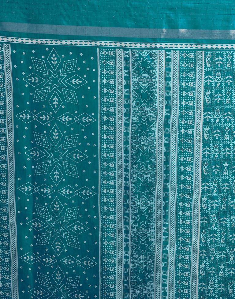 Teal Blue Silk Printed  Saree