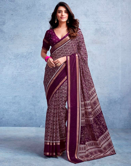 Wine Silk Printed  Saree