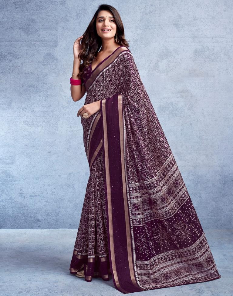 Wine Silk Printed  Saree