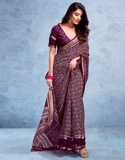 Wine Silk Printed  Saree